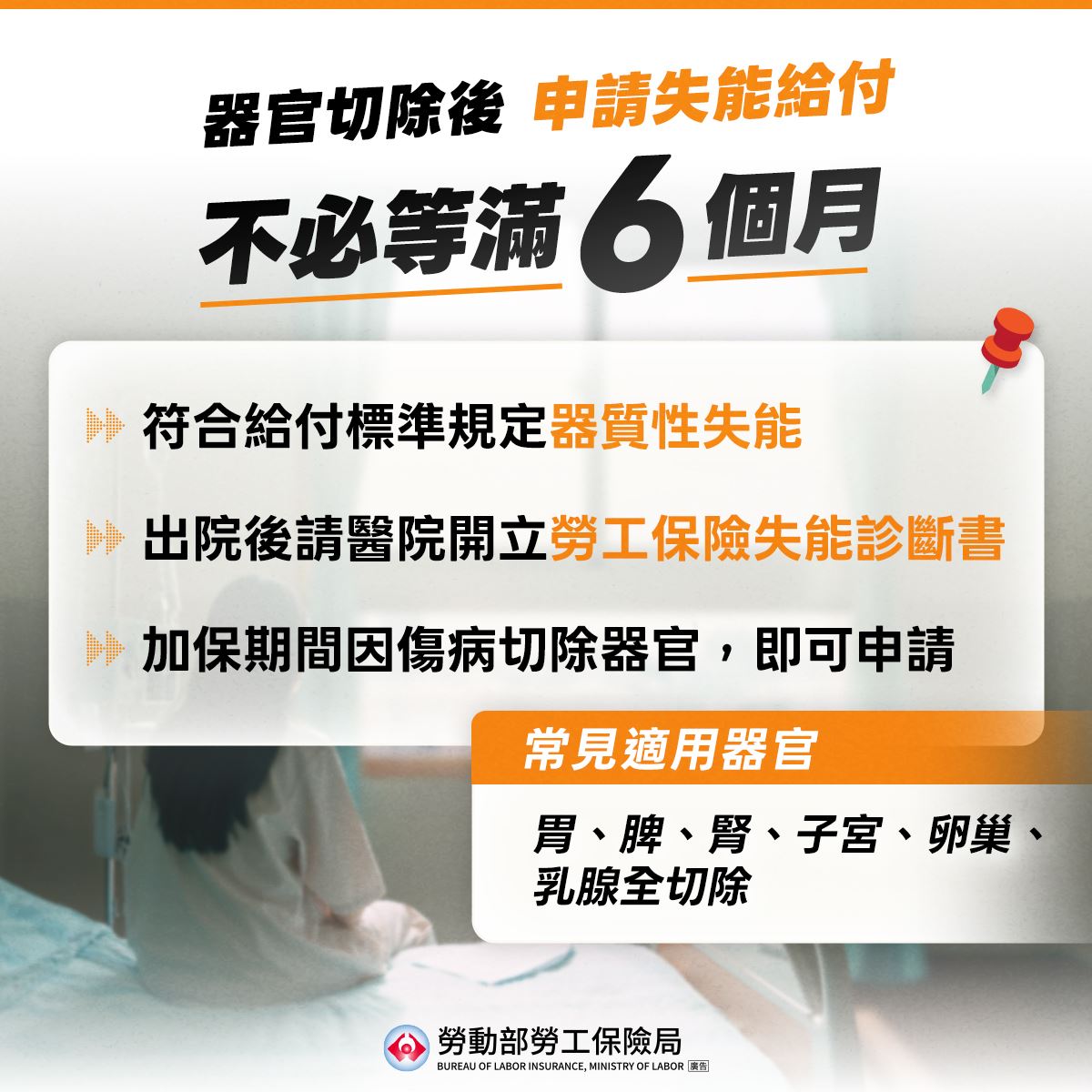 手術切除六大器官免等半年！勞保失能給付「即刻申請」權益不再睡著
