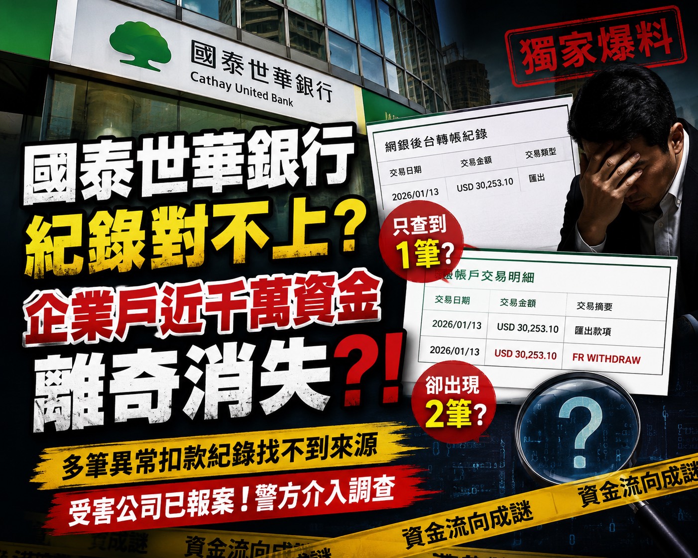 國泰世華企業戶千萬蒸發？交易紀錄羅生門，大品牌信任危機再響警鐘！